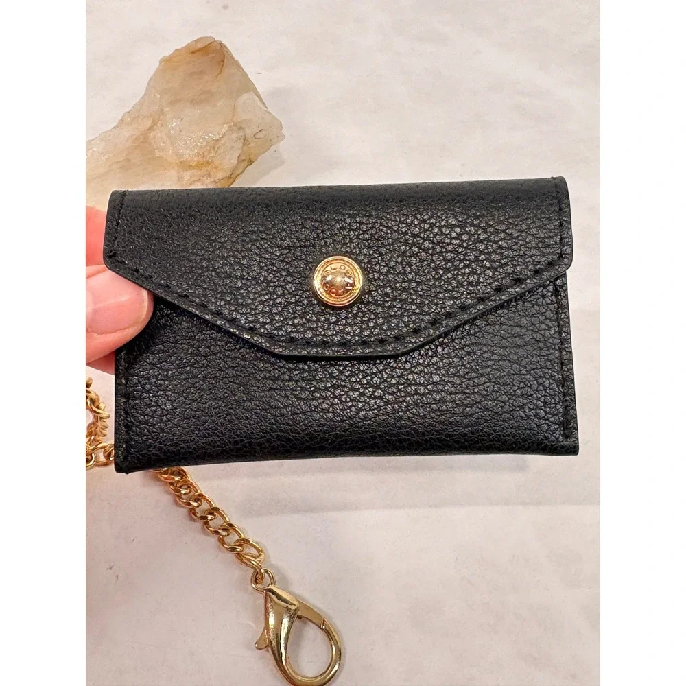 Aldo Black Pebbled Faux Leather Envelope Card Holder Wallet with Gold Chain Clip
